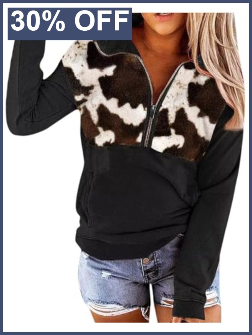 Women's Aztec Cow Print Zipper Collar Pullover Sweatshirt Western Hoodie